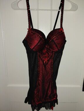 Red & Black Lace Trim Chemise with Sculpted Cups